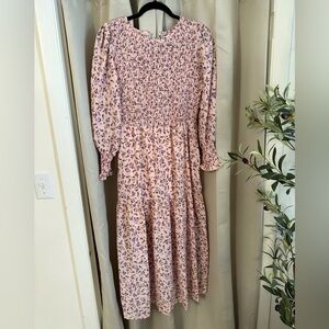 SHEIN Pink Floral Smocked Maxi Dress with Long Sleeves